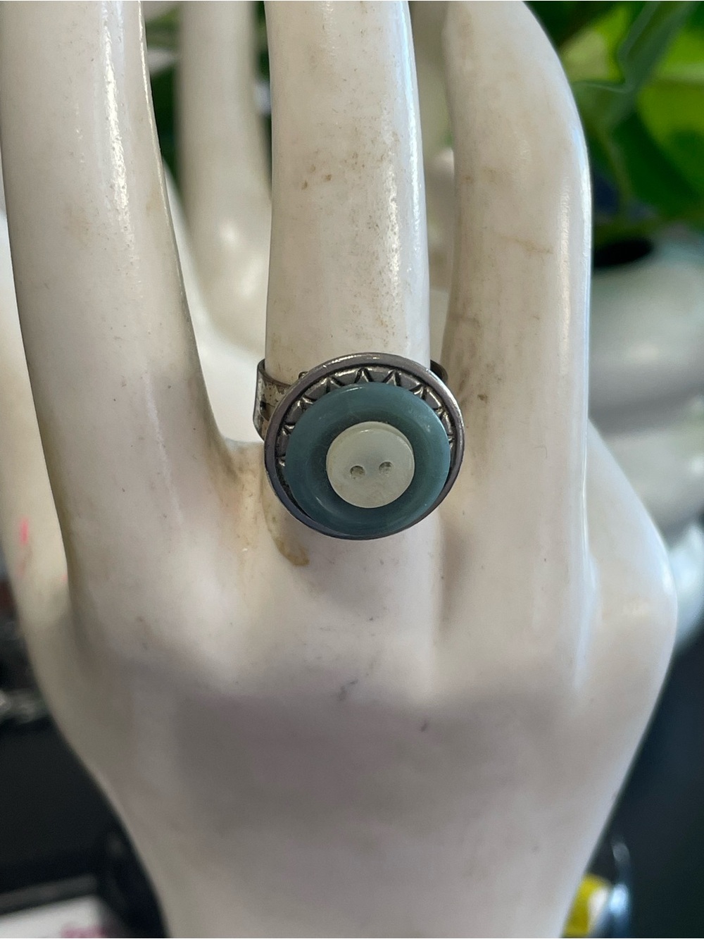 Button Accent Silver Ring in Teal and Cream